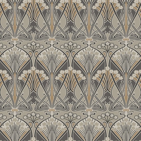 Dragonfly Damask Floral Ogee Grey Wallpaper