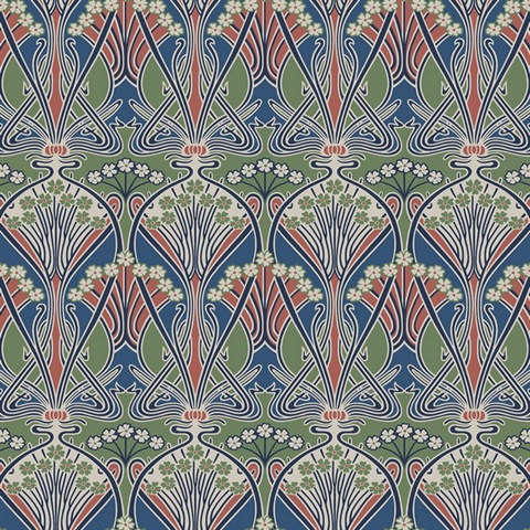 Dragonfly Damask Floral Ogee Multicolored Wallpaper