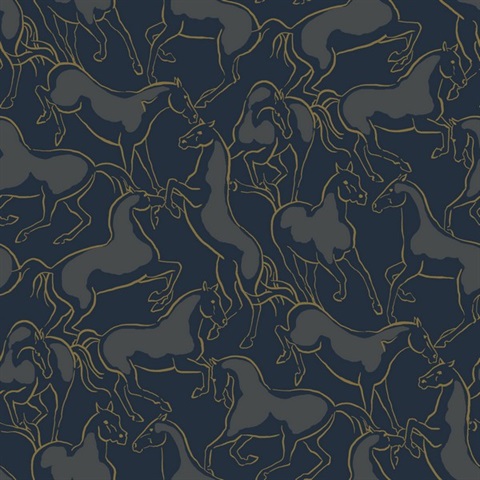 DresSage Green Navy Blue Stallions Deer Wallpaper