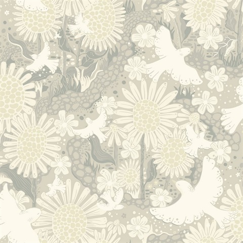 Drömma Light Grey Songbird and Sunflowers Wallpaper