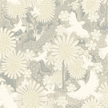 Dr&#246;mma Light Grey Songbird and Sunflowers Wallpaper