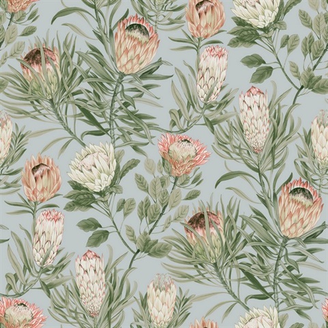 Dusty Blue & Coral Large Drawn Protea Floral & Leaf Wallpaper