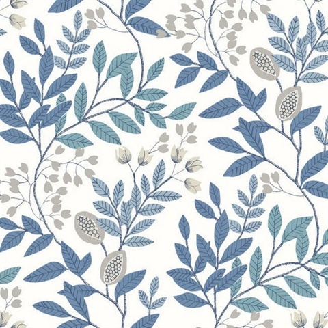 Eden Retreat White, Blue and Glint Wallpaper