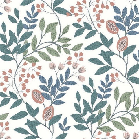 Eden Retreat White, Pink and Teal Wallpaper