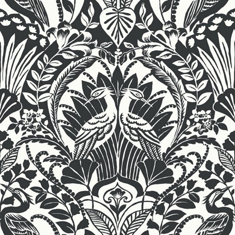 Black & White Egret Damask Wallpaper