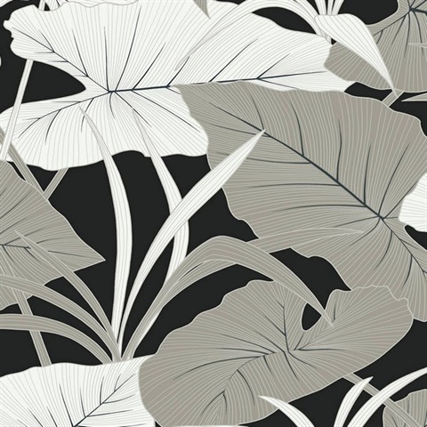 Elephant Leaves Botanical Ebony & Metallic Silver Peel and Stick Wallp