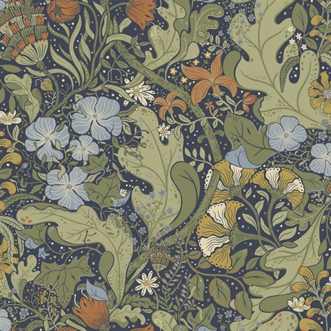 Elise Indigo Nouveau Gardens Floral Wallpaper