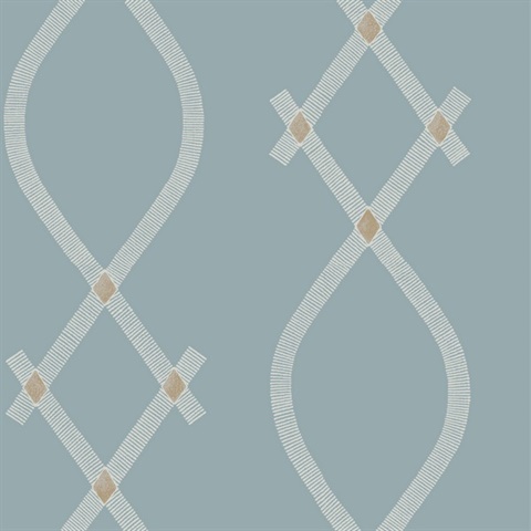 Ellena Blue Striped Ogee Ribbons Wallpaper