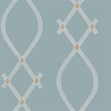 Ellena Blue Striped Ogee Ribbons Wallpaper