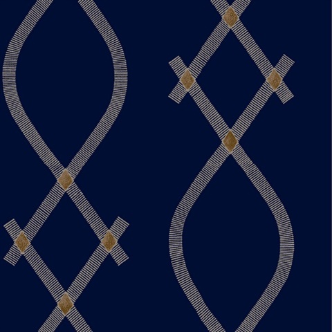 Ellena Navy Striped Ogee Ribbons Wallpaper