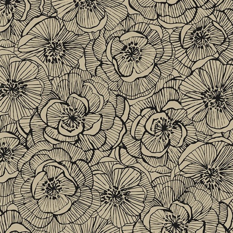 Ellie Graphic Floral  Gold Shimmer & Ebony Peel and Stick Wallpaper
