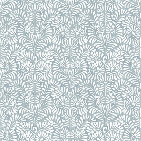 Elma Sky Blue Fiddlehead Weathered Leaf Trellis Wallpaper