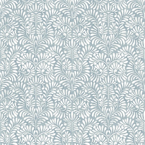 Elma Sky Blue Fiddlehead Weathered Leaf Trellis Wallpaper