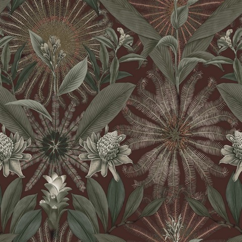 Enchanted Garden Maroon Tropical Wallpaper