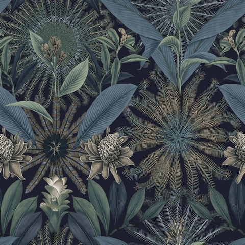 Enchanted Garden Navy Tropical Wallpaper