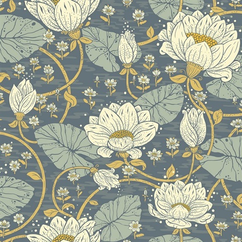 Eva Blue Lotus Dreams Large Floral Wallpaper