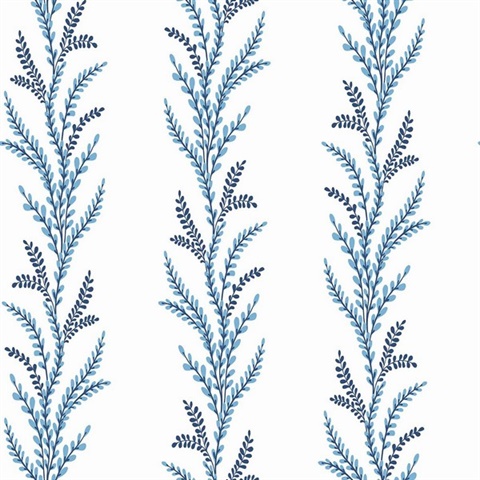 Exbury Finch Blue Vertical Leaf Stripe Wallpaper