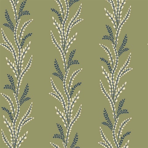 Exbury Olive Green Vertical Leaf Stripe Wallpaper