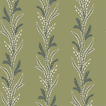 Exbury Olive Green Vertical Leaf Stripe Wallpaper