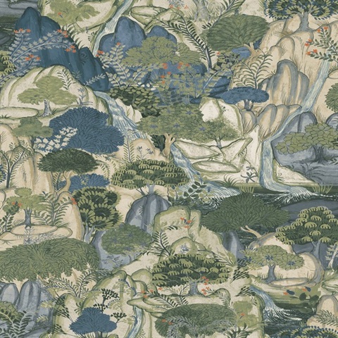 Falling Waters Sapphire Scenic Wallpaper