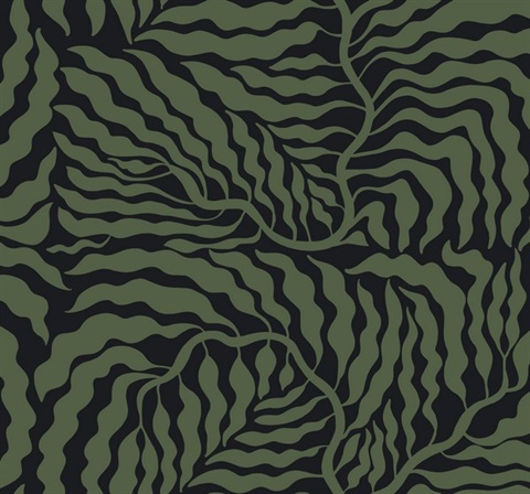 Fern Fronds Black & Green Abstract Leaf Wallpaper