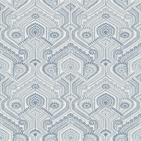 Fernback Blue Ornate Damask Floral & Leaf Wallpaper