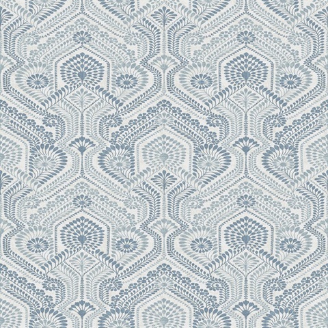 Fernback Blue Ornate Damask Floral & Leaf Wallpaper