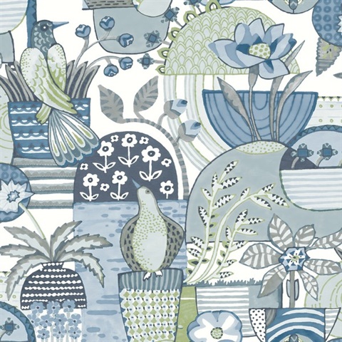 Fika Blue Watercolor Bird & Flowers  Wallpaper