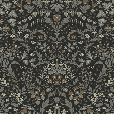 Filigree Floral Botanical Charcoal & Pavestone Peel and Stick Wallpape