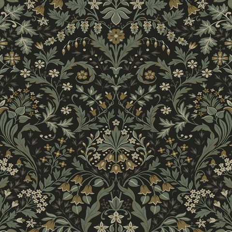 Filigree Floral Botanical Ebony & Sage Peel and Stick Wallpaper