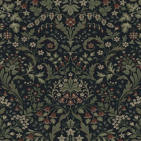 Filigree Floral Botanical Midnight Blue & Sage Peel and Stick Wallpape