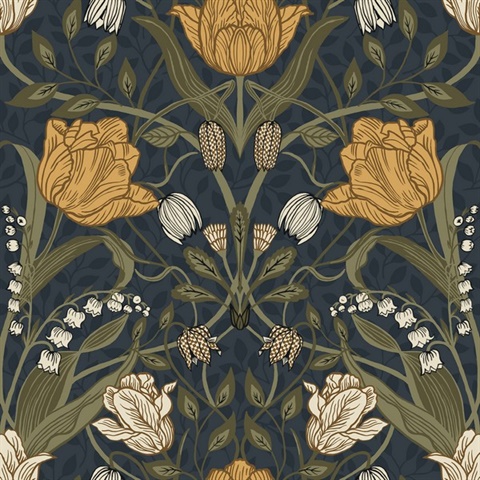 Filippa Navy Tulip Floral Wallpaper