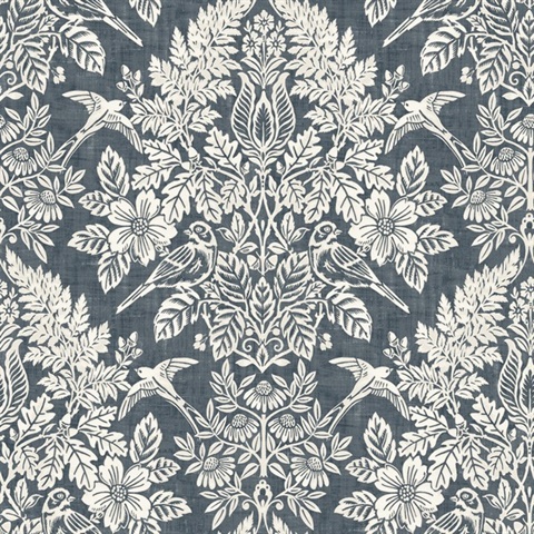 Finch Blue Woodland Damask Wallpaper