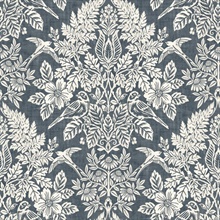 Finch Blue Woodland Damask Wallpaper