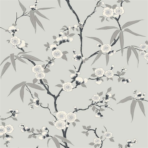 Floral Blossom Trail Foil Leaf & Foral Toile Grey Wallpaper