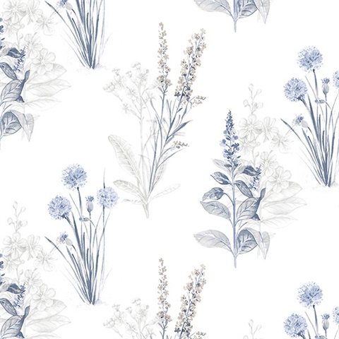Floral Botanical Blue & White Wallpaper
