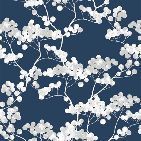 Floral Cyprus Blossom Navy Blue & Grey Peel and Stick Wallpaper