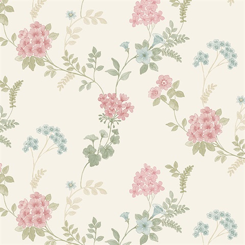 Floral Fern Pink, Blue & Green Wallpaper