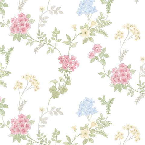 Floral Fern Pink, Blue,  Green & Yellow Wallpaper