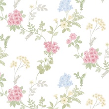 Floral Fern Pink, Blue,  Green & Yellow Wallpaper
