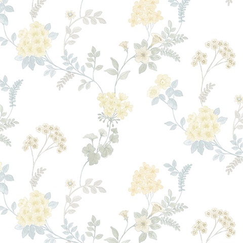 Floral Fern Yellow, Grey & Blue Wallpaper