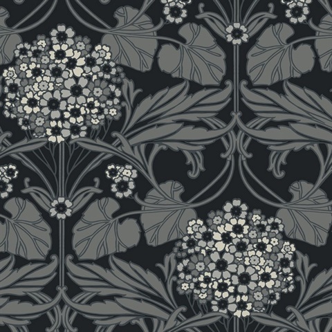 Floral Hydrangea Leaf Damask Black  Wallpaper