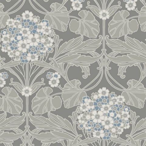 Floral Hydrangea Leaf Damask Grey Wallpaper