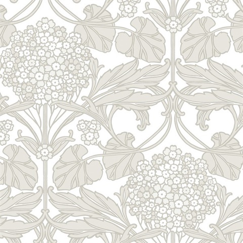 Floral Hydrangea Leaf Damask Off White Wallpaper