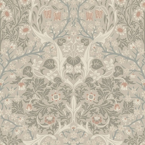 Floral & Leaf Branch Damask Toile Cream, Grey, Turquoise & Cream Wallp