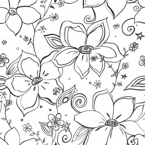 Floral Linework Floral Black Peel and Stick Wallpaper
