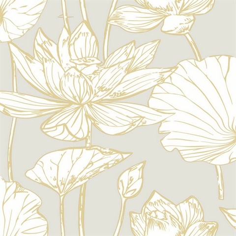 Floral Lotus Floral Metallic Gold & Grey Peel and Stick Wallpaper