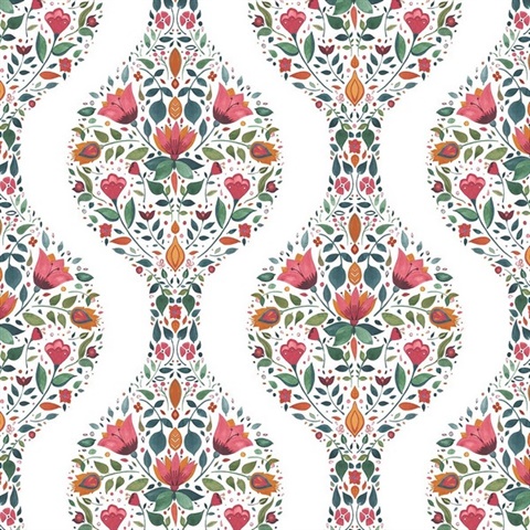 Floral Ogee Floral Rose Pink & Spruce Peel and Stick Wallpaper