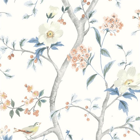 Floral Trail Chinoiserie Melon & Carolina Blue Peel and Stick Wallpape