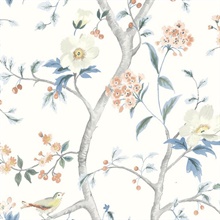 Floral Trail Chinoiserie Melon & Carolina Blue Peel and Stick Wallpape